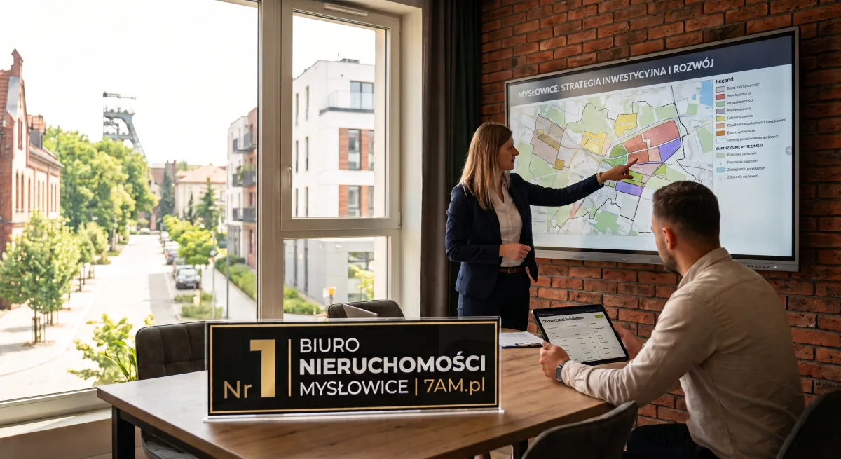 Profesjonalne i innowacyjne Biuro Nieruchomości Mysłowice 7AM.pl. Agentka biura nieruchomości 7am.pl prezentuje strategię inwestycyjną na ekranie z mapą katastralną, a klient korzysta z tabletu.